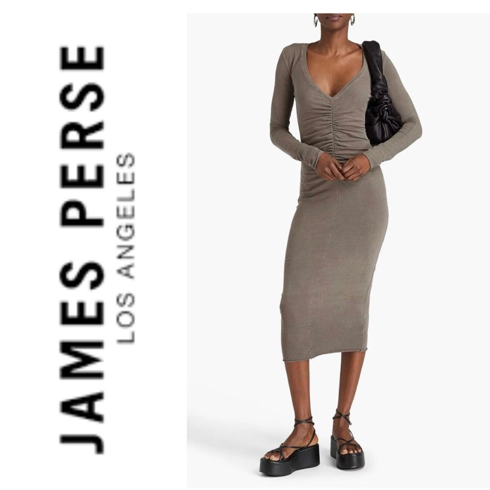 NWT James Perse LA long sleeved ruched cotton jersey midi dress